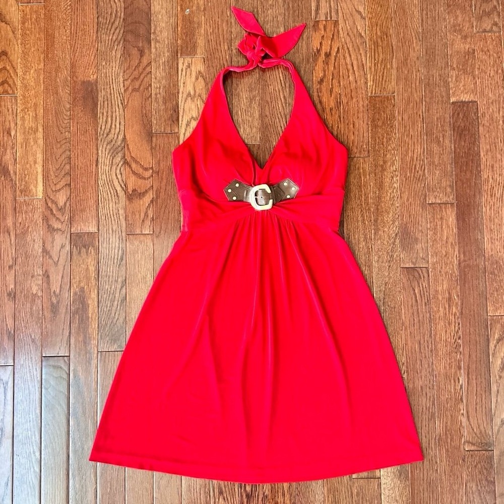 Vintage Cache Red Brown Silver Halter Neck Plunge Sexy Cocktail Dress Large - Picture 8 of 12